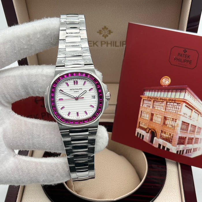 Patek Philippe Nautilus Stainless Steel – Ruby Baguette Bezel – White Dial