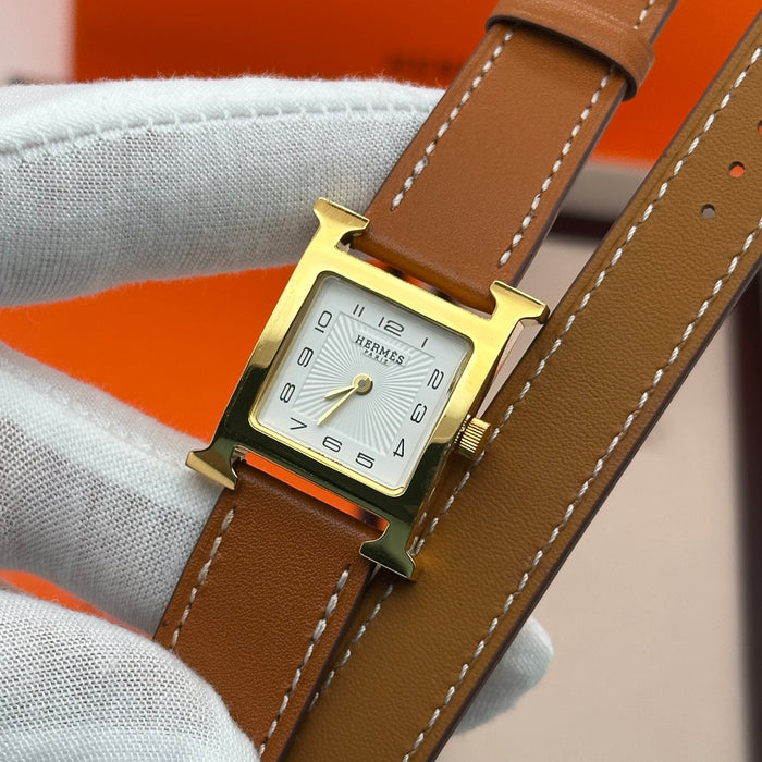 Hermes Heure H Gold With Tan Strap Watch