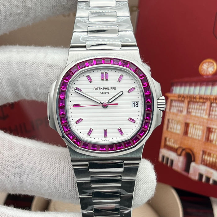 Patek Philippe Nautilus Stainless Steel – Ruby Baguette Bezel – White Dial
