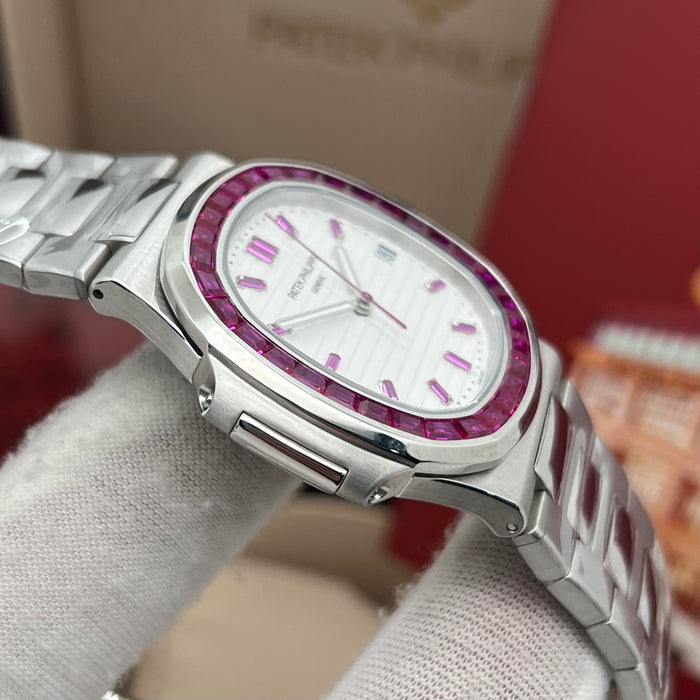 Patek Philippe Nautilus Stainless Steel – Ruby Baguette Bezel – White Dial