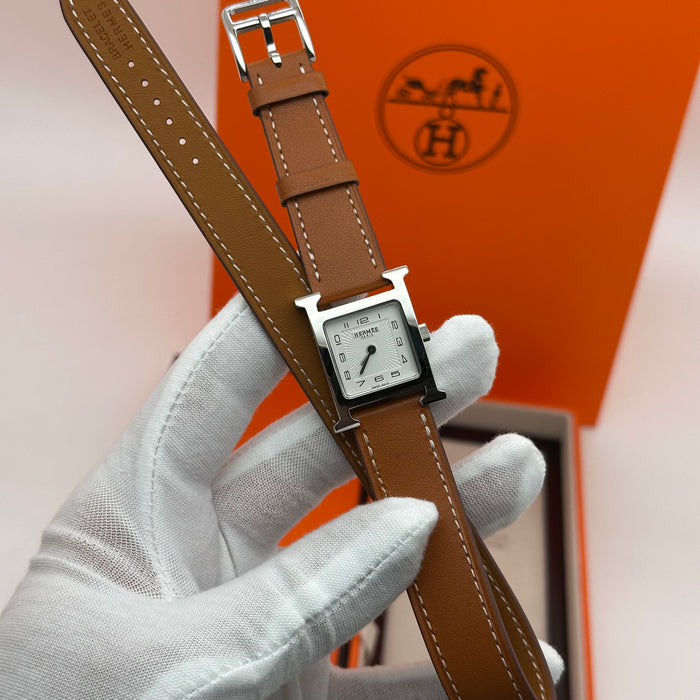 Hermes Heure H Silver Tan Strap Watch