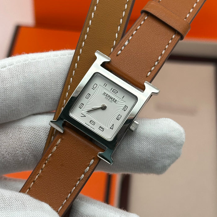 Hermes Heure H Silver Tan Strap Watch