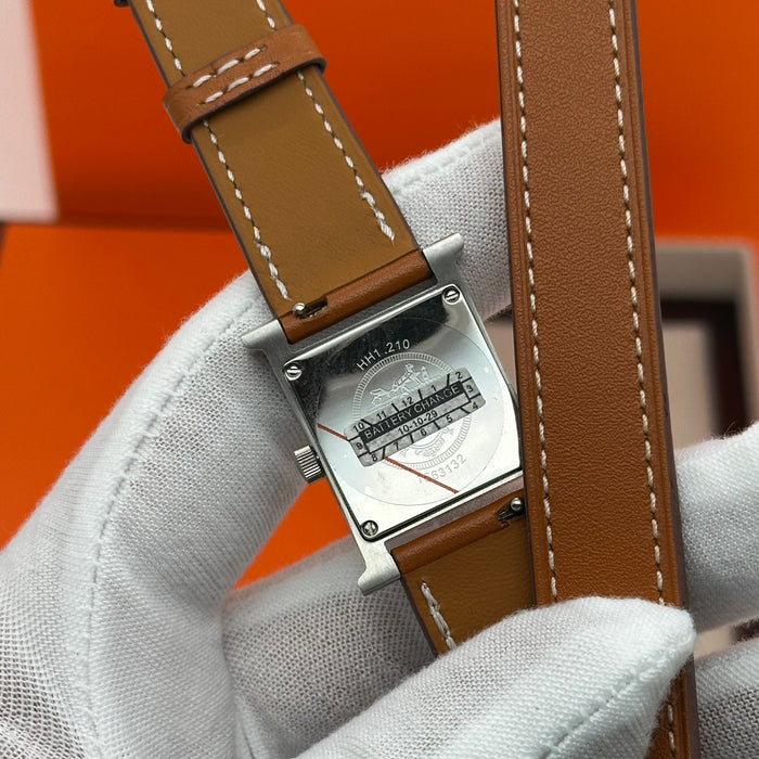 Hermes Heure H Silver Tan Strap Watch