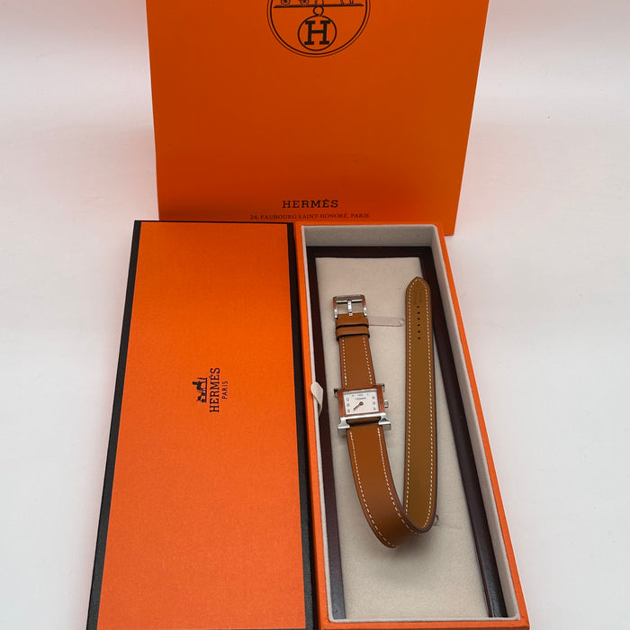 Hermes Heure H Silver Tan Strap Watch