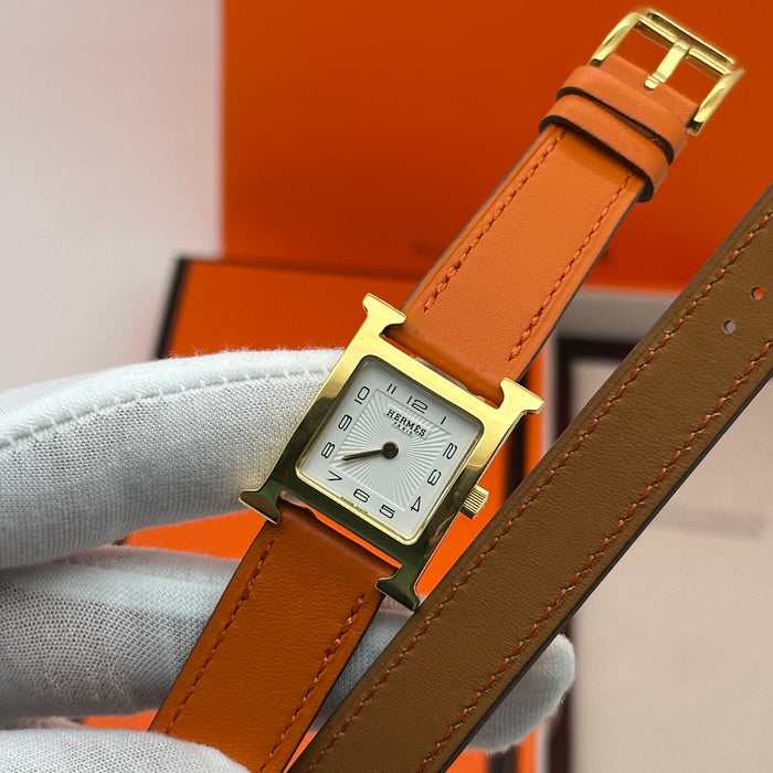 Hermes Heure Gold Orange Strap Watch
