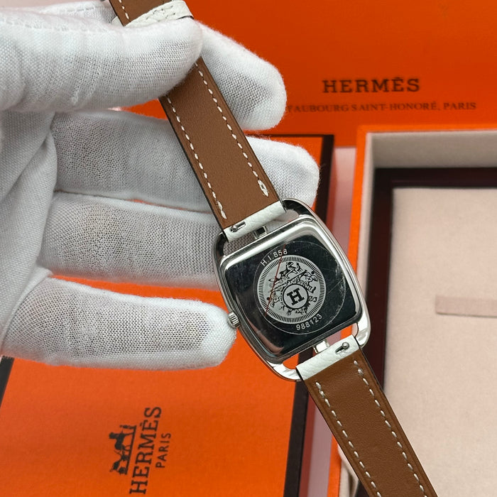 Hermes Cape Cod Silver Plated White Strap Watch For Women