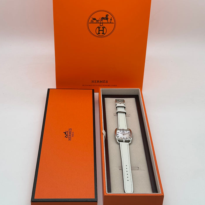 Hermes Cape Cod Silver Plated White Strap Watch For Women