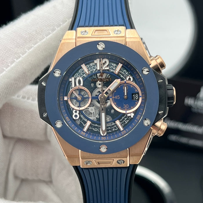 Hublot Big Bang King Gold Blue Skeleton Chronograph 44MM– Swiss Super Clone