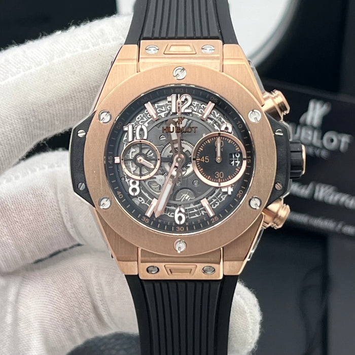 Hublot Big Bang King Gold Skeleton Chronograph 44MM– Swiss Super Clone | Rose Gold Case | Black Rubber Strap
