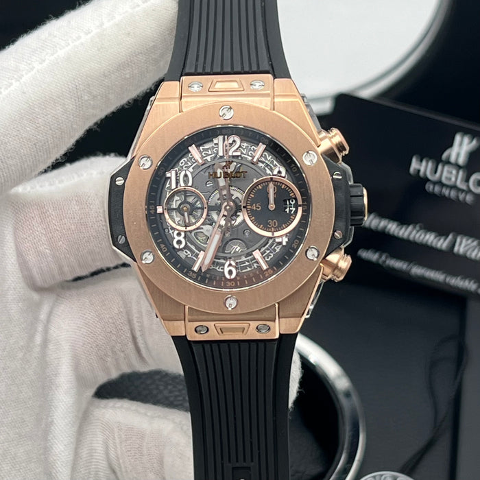 Hublot Big Bang King Gold Skeleton Chronograph 44MM– Swiss Super Clone | Rose Gold Case | Black Rubber Strap