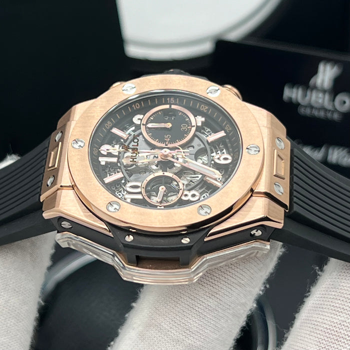 Hublot Big Bang King Gold Skeleton Chronograph 44MM– Swiss Super Clone | Rose Gold Case | Black Rubber Strap