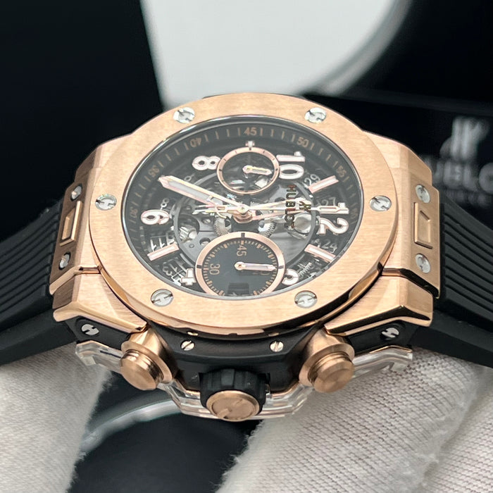 Hublot Big Bang King Gold Skeleton Chronograph 44MM– Swiss Super Clone | Rose Gold Case | Black Rubber Strap
