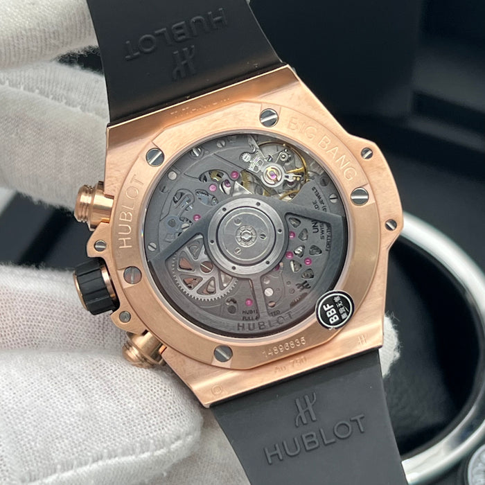 Hublot Big Bang King Gold Skeleton Chronograph 44MM– Swiss Super Clone | Rose Gold Case | Black Rubber Strap