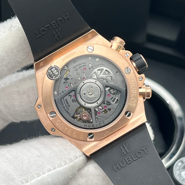 Hublot Big Bang King Gold Skeleton Chronograph 44MM– Swiss Super Clone | Rose Gold Case | Black Rubber Strap