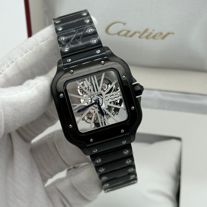 Cartier Santos Skeleton Black  Silver Dial 39mm