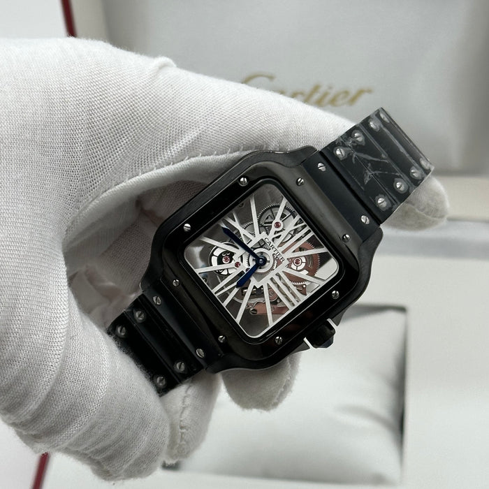 Cartier Santos Skeleton Black  Silver Dial 39mm