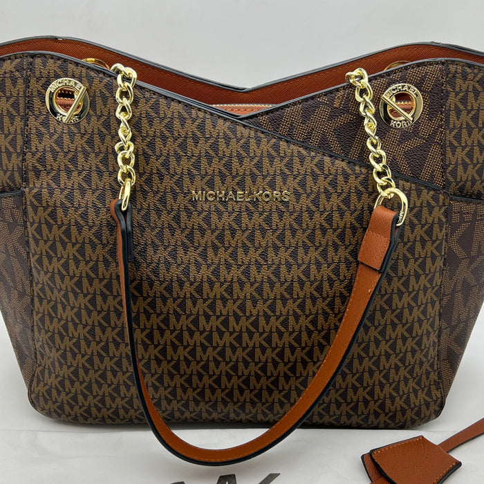 Michael Kors Charlotte Large Tote Bag – Signature MK Canvas with Chain Strap