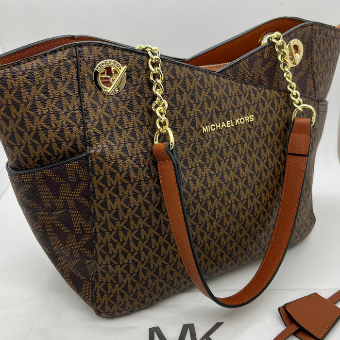 Michael Kors Charlotte Large Tote Bag – Signature MK Canvas with Chain Strap