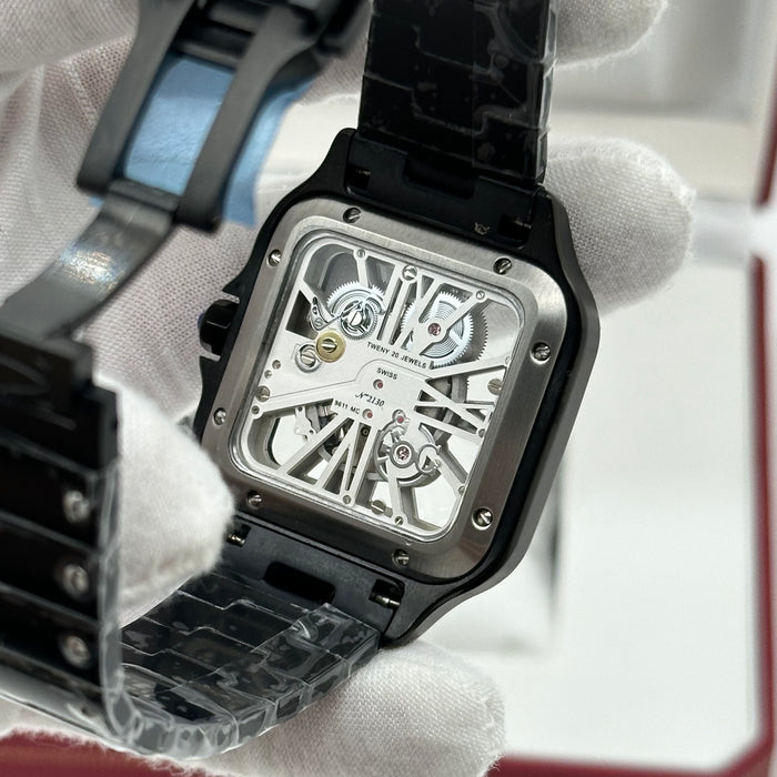 Cartier Santos Skeleton Black  Silver Dial 39mm