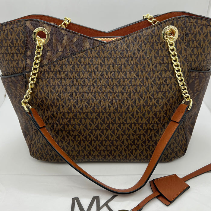Michael Kors Charlotte Large Tote Bag – Signature MK Canvas with Chain Strap