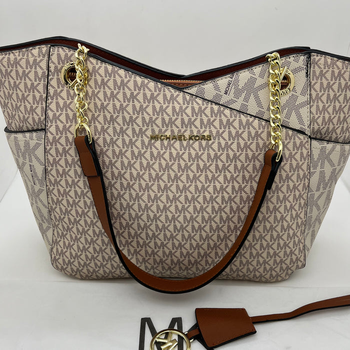 Michael Kors Charlotte Large Tote Bag – Signature MK Canvas with Chain Strap