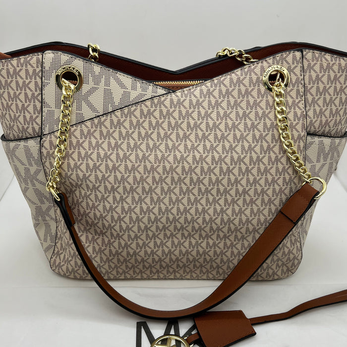 Michael Kors Charlotte Large Tote Bag – Signature MK Canvas with Chain Strap