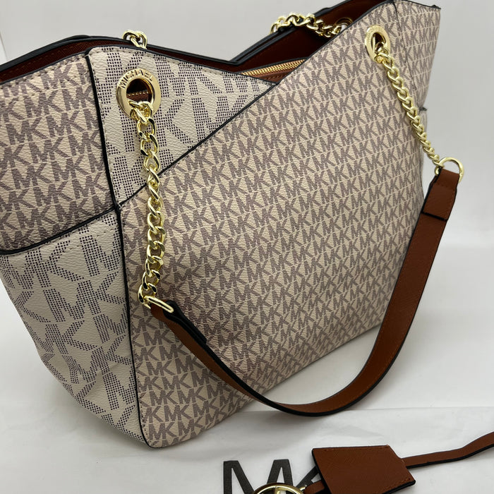 Michael Kors Charlotte Large Tote Bag – Signature MK Canvas with Chain Strap