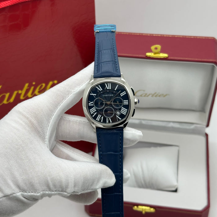 Cartier Style Blue Dial Chronograph Watch – Roman Numerals Luxury Design