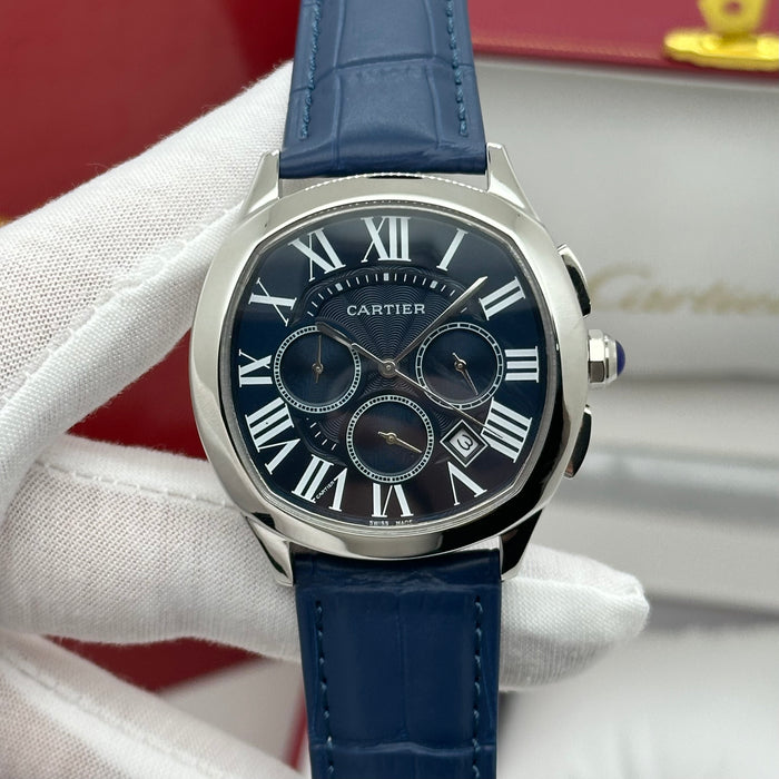 Cartier Style Blue Dial Chronograph Watch – Roman Numerals Luxury Design