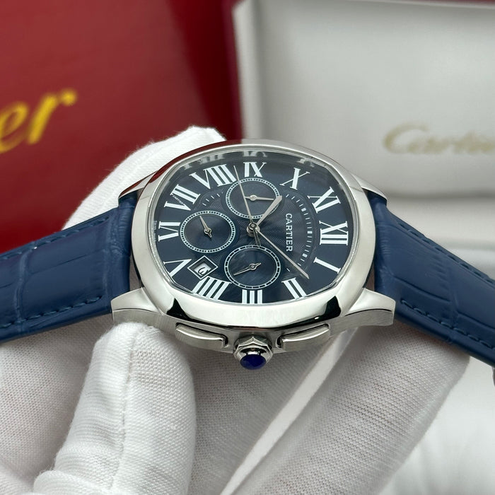 Cartier Style Blue Dial Chronograph Watch – Roman Numerals Luxury Design