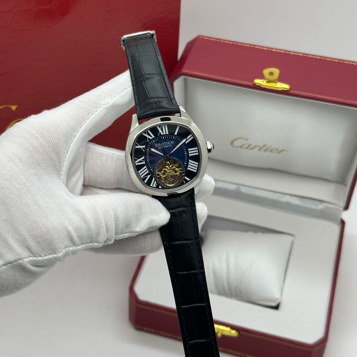 Cartier Style Automatic Skeleton Watch – Blue Dial Open Heart Luxury