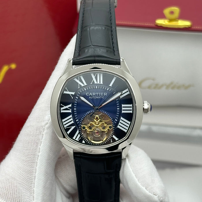 Cartier Style Automatic Skeleton Watch – Blue Dial Open Heart Luxury
