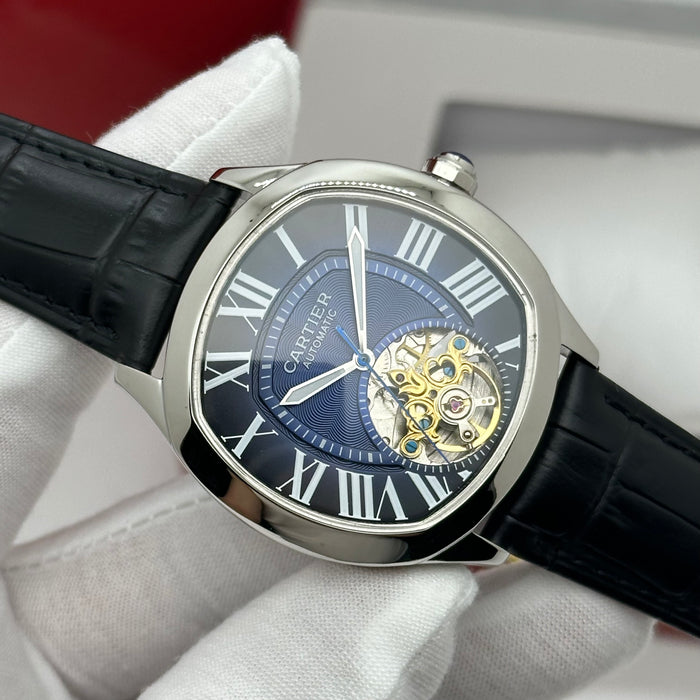Cartier Style Automatic Skeleton Watch – Blue Dial Open Heart Luxury