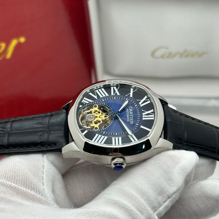 Cartier Style Automatic Skeleton Watch – Blue Dial Open Heart Luxury