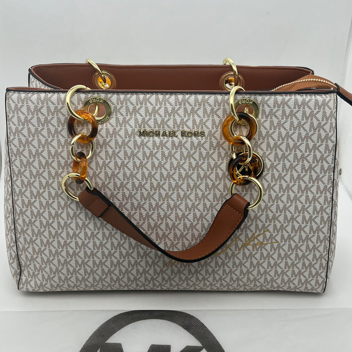 Michael Kors Signature Large Tote Bag – MK Canvas with Tortoiseshell Chain Handles
