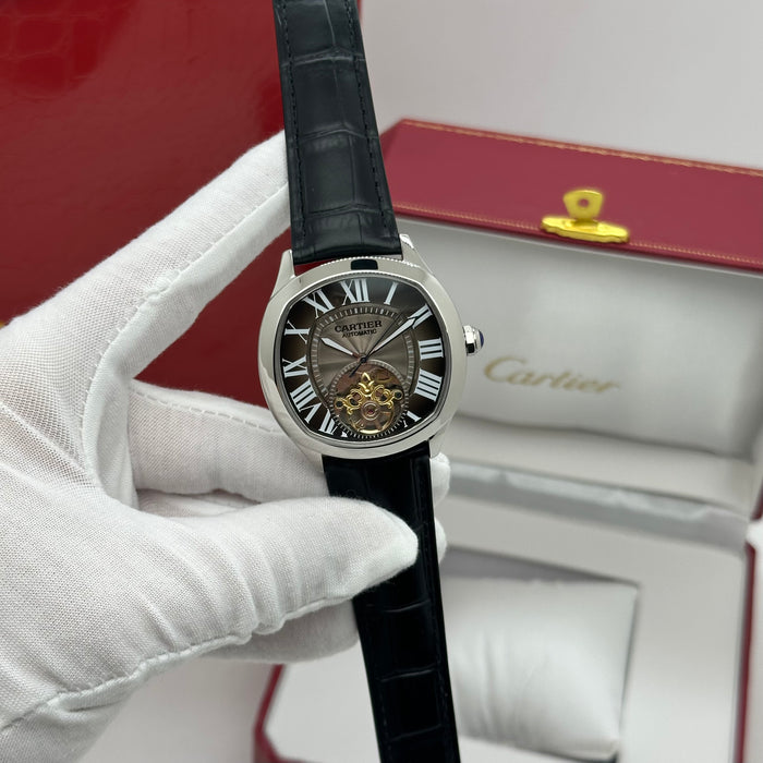 Cartier Style Automatic Open Heart Watch – Silver Case Brown Dial Luxury