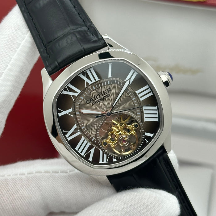 Cartier Style Automatic Open Heart Watch – Silver Case Brown Dial Luxury
