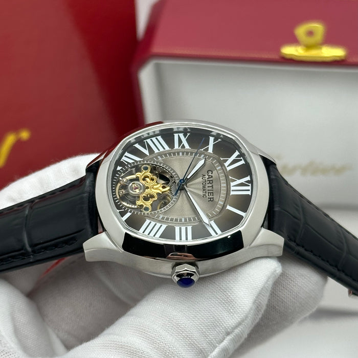Cartier Style Automatic Open Heart Watch – Silver Case Brown Dial Luxury