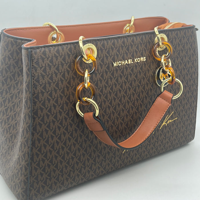 Michael Kors Signature Large Tote Bag – MK Canvas with Tortoiseshell Chain Handles