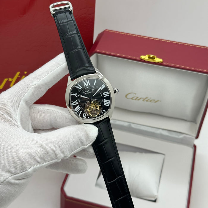 Cartier Style Automatic Open Heart Watch – Black Dial Silver Case Luxury