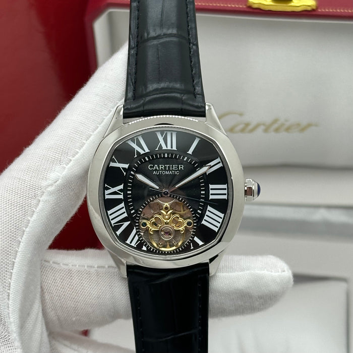 Cartier Style Automatic Open Heart Watch – Black Dial Silver Case Luxury
