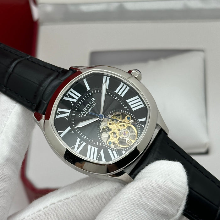 Cartier Style Automatic Open Heart Watch – Black Dial Silver Case Luxury