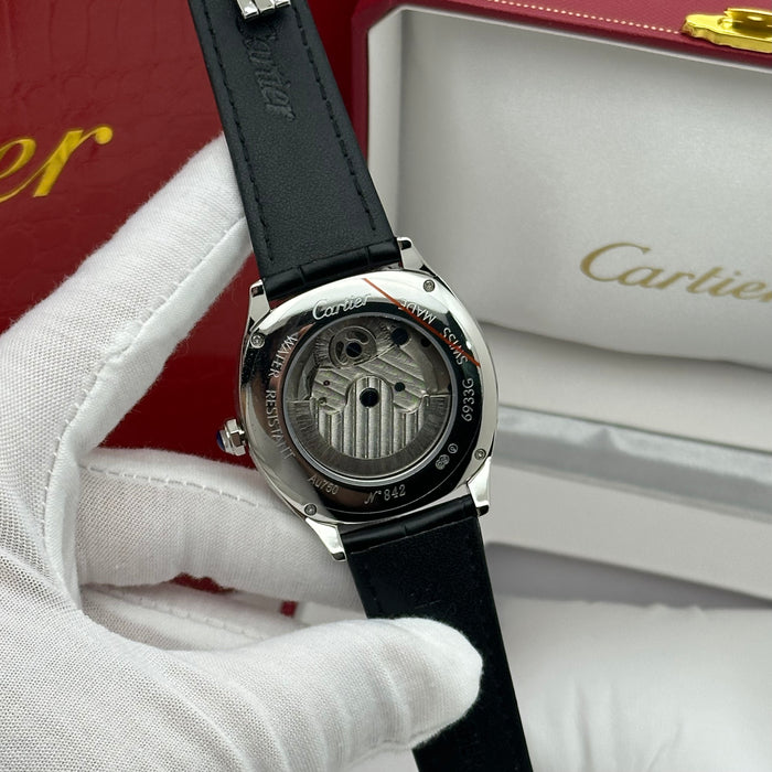 Cartier Style Automatic Open Heart Watch – Black Dial Silver Case Luxury