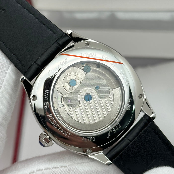 Cartier Style Automatic Open Heart Watch – Black Dial Silver Case Luxury