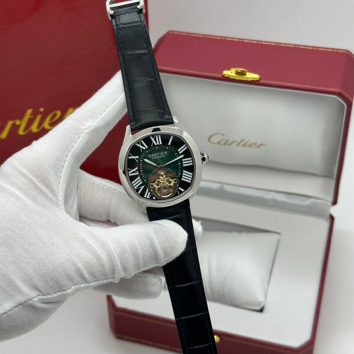 Cartier Style Automatic Open Heart Watch – Green Dial Silver Case Luxury