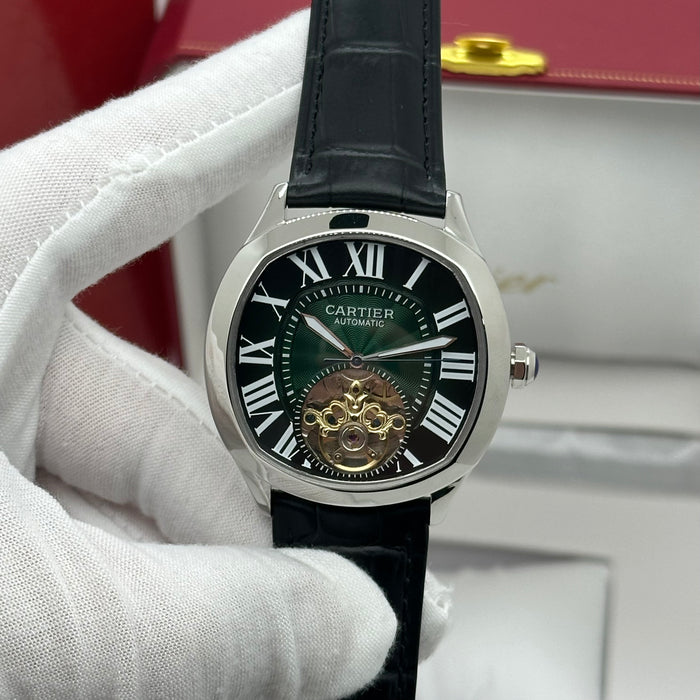 Cartier Style Automatic Open Heart Watch – Green Dial Silver Case Luxury