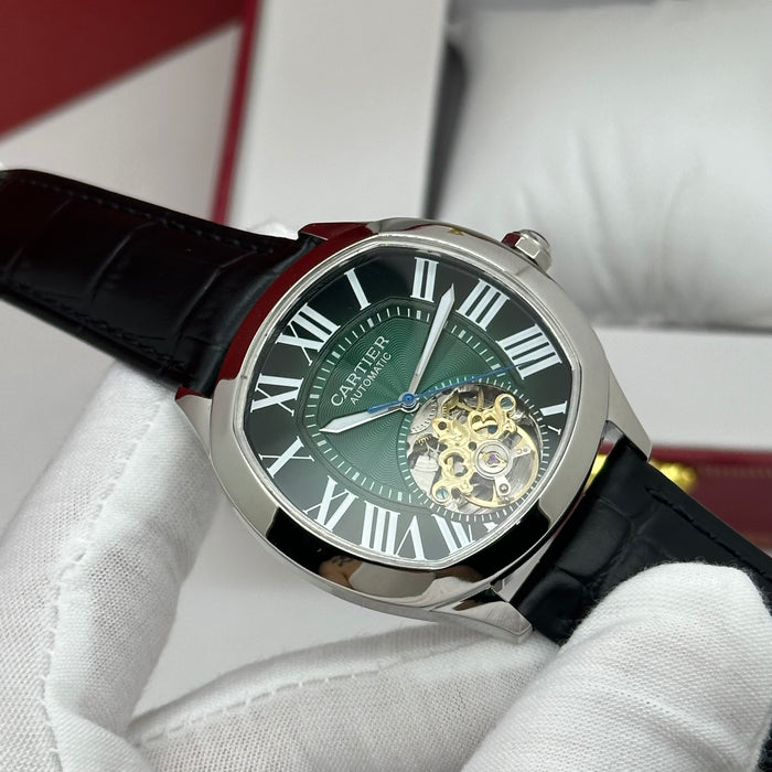 Cartier Style Automatic Open Heart Watch – Green Dial Silver Case Luxury