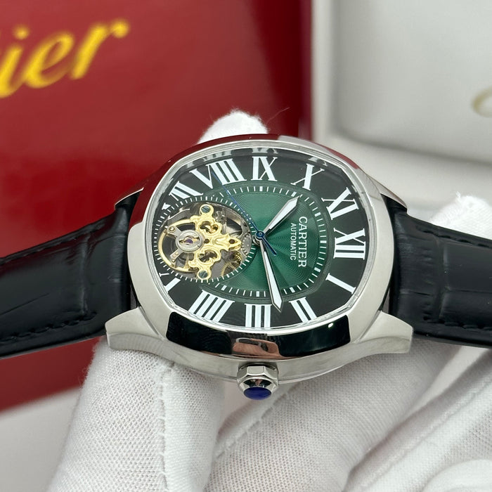 Cartier Style Automatic Open Heart Watch – Green Dial Silver Case Luxury