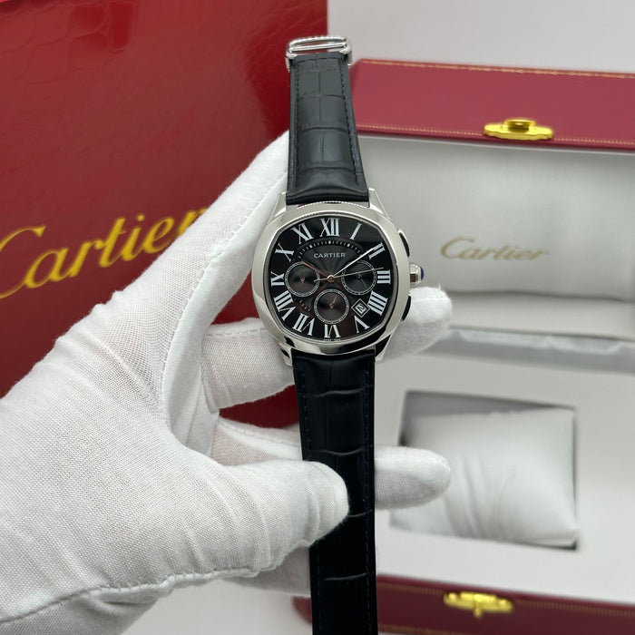 Cartier Style Chronograph Watch – Black Dial Silver Case Classic Luxury