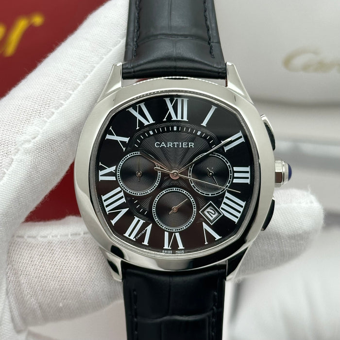 Cartier Style Chronograph Watch – Black Dial Silver Case Classic Luxury